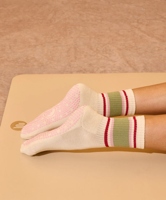MoveActive Crew Non Slip Grip Socks - Stripe Vanilla & Sage