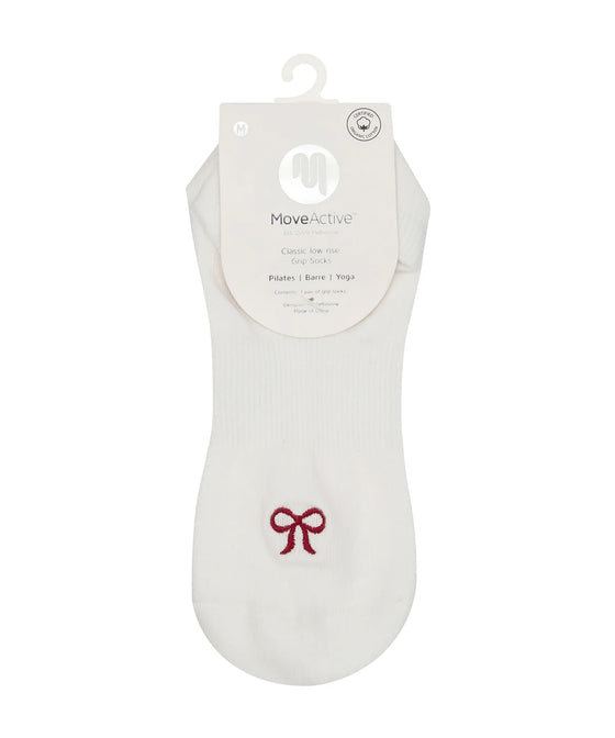 Move Active Classic Low Rise Grip Socks - Whimsy Bow White