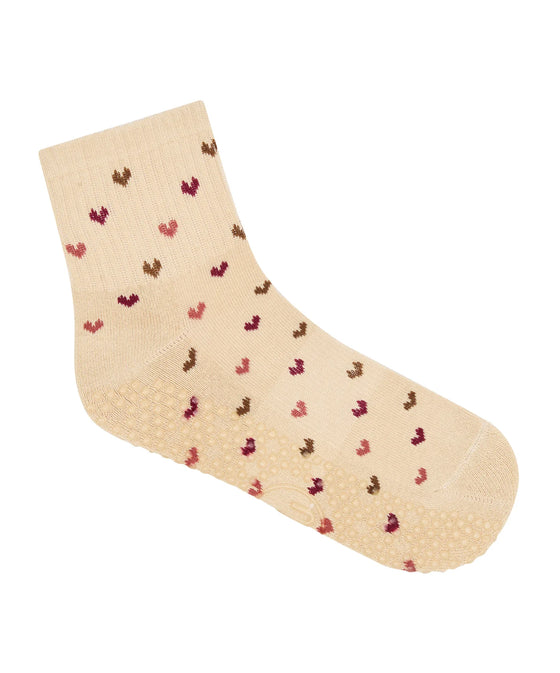 MoveActive Quarter Crew Non Slip Grip Socks - Hearts Aflutter Beige