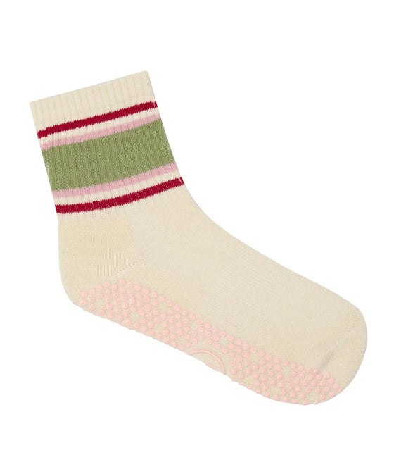 MoveActive Crew Non Slip Grip Socks - Stripe Vanilla & Sage