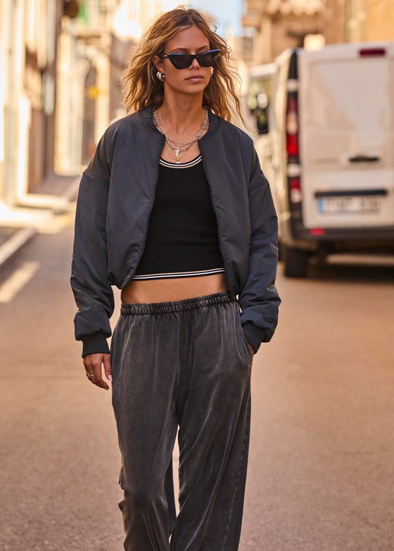 The Upside Carlotta Cropped Bomber Jacket - Washed Black